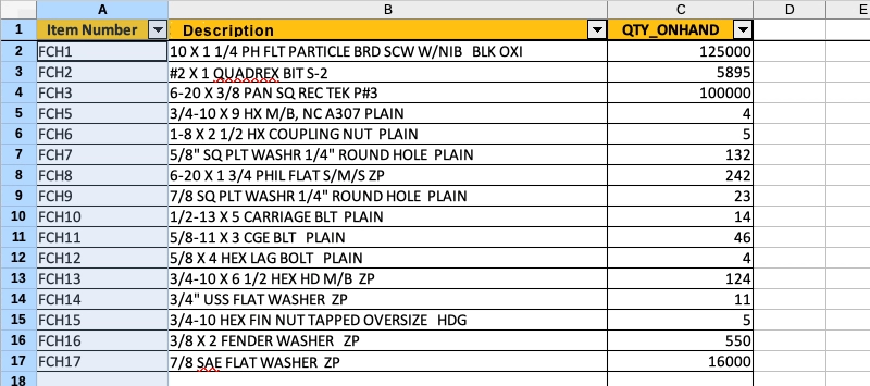Example fastener inventory spreadsheet